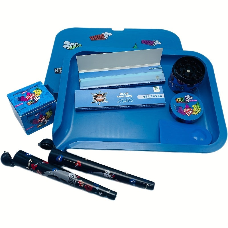 Bros 7-teiliges Raucherset: Hochwertiger Kräuter-Grinder aus Metall, doppellagiges Rolltablett, Zigarettenpapier und mehr