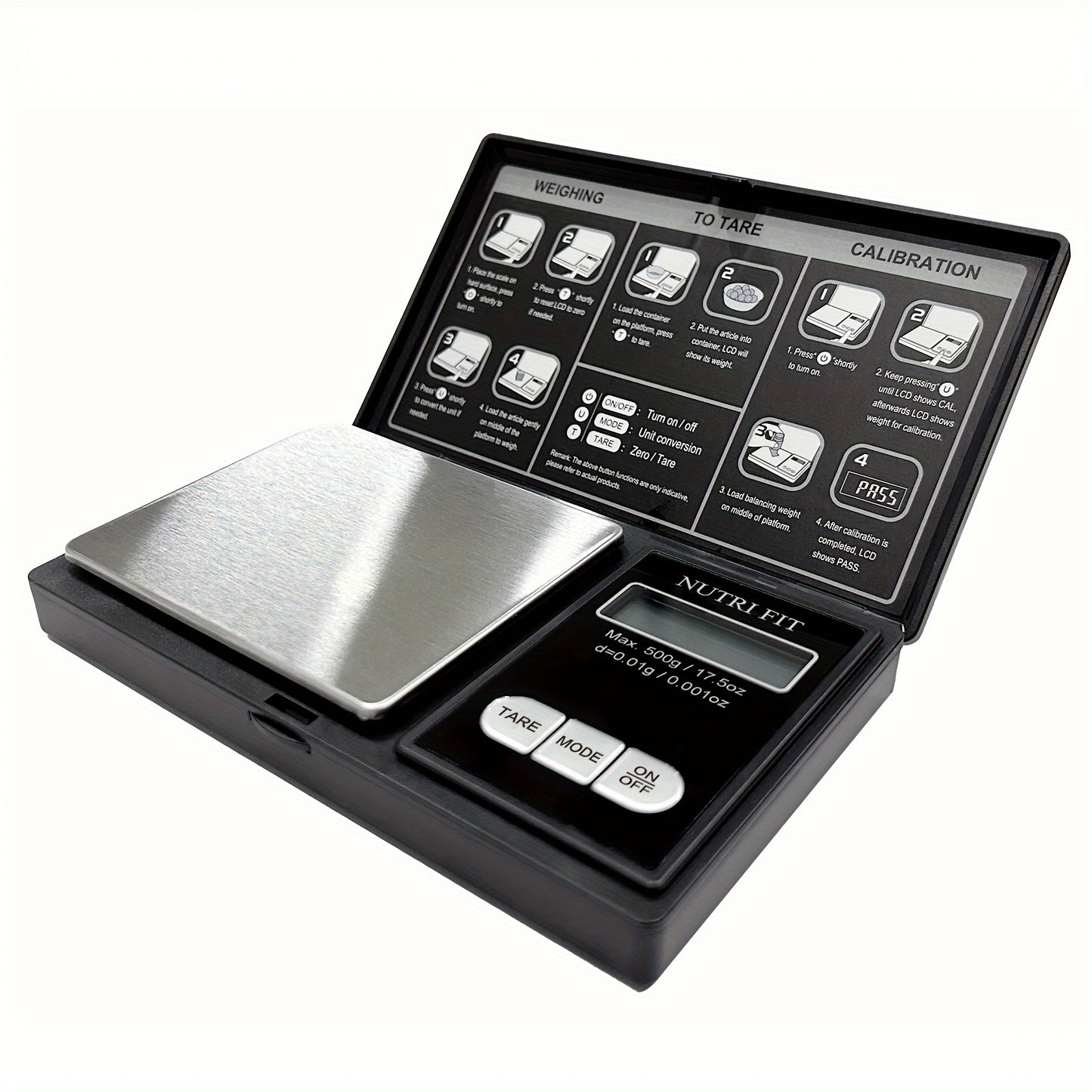 NUTRI FIT digitale Taschenwaage mit 0,01 g Genauigkeit, kann bis zu 500 g wiegen.