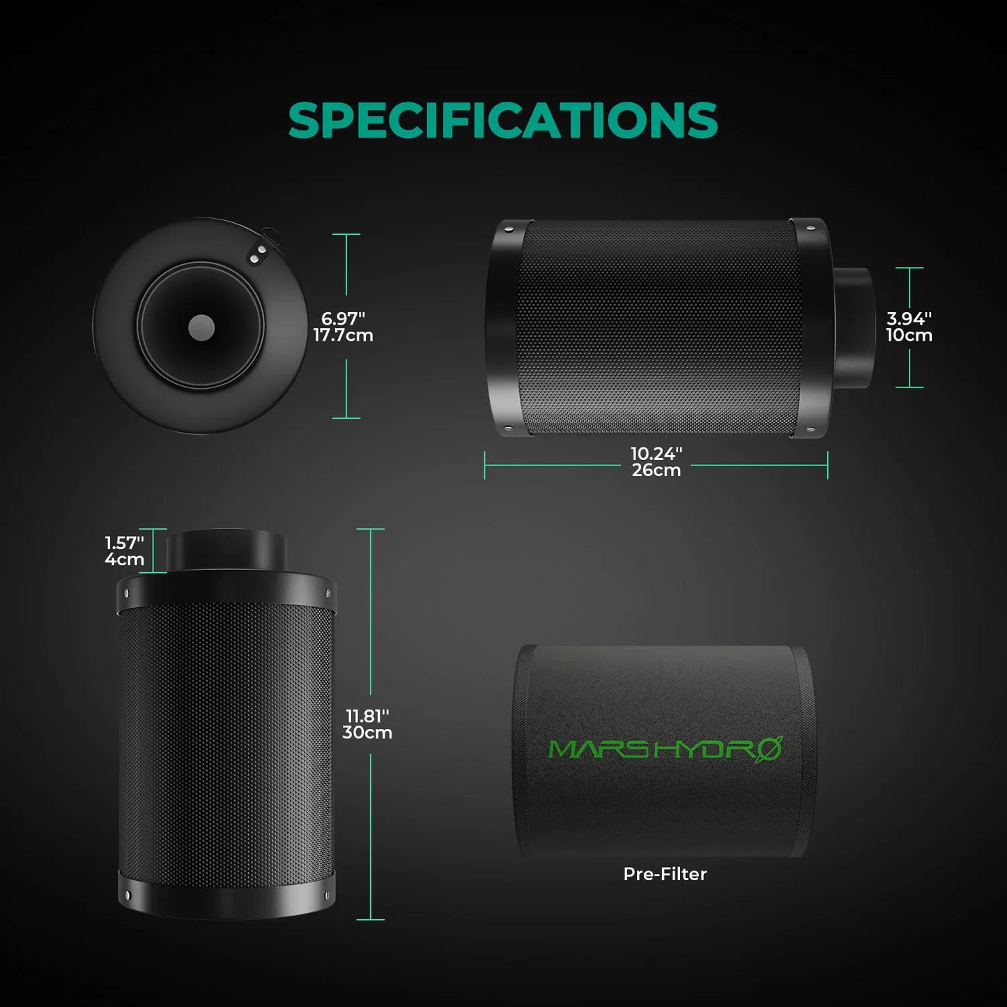 Mars Hydro 4" 6" Luftkohlefilter,Geruchskontrolle, Hydrokultur, Gewächsräume