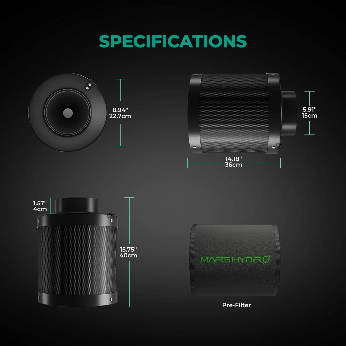 Mars Hydro 4" 6" Luftkohlefilter,Geruchskontrolle, Hydrokultur, Gewächsräume
