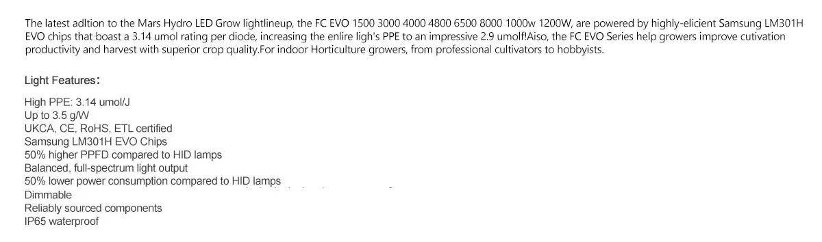 2024 Mars Hydro FC 1500-EVO Samsung LM301H EVO 150 W LED-Wachstumsleuchten für 70 x 70 cm großes Wachstumszelt (1–3 Pflanzen)