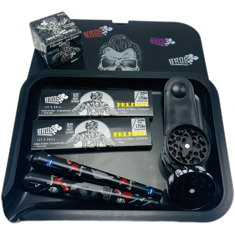 Bros 7-teiliges Raucherset: Hochwertiger Kräuter-Grinder aus Metall, doppellagiges Rolltablett, Zigarettenpapier und mehr