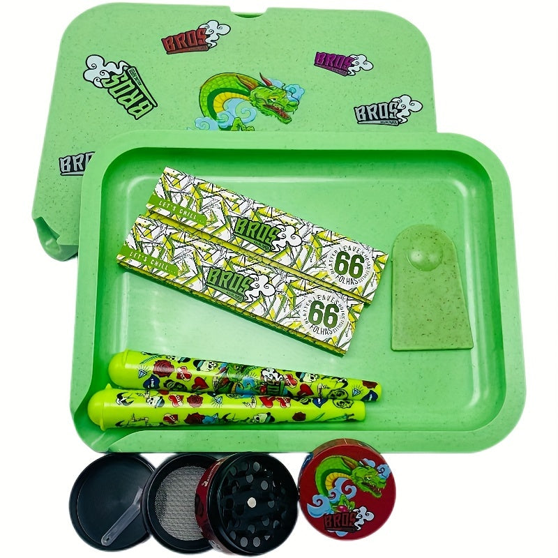 Bros 7-teiliges Raucherset: Hochwertiger Kräuter-Grinder aus Metall, doppellagiges Rolltablett, Zigarettenpapier und mehr