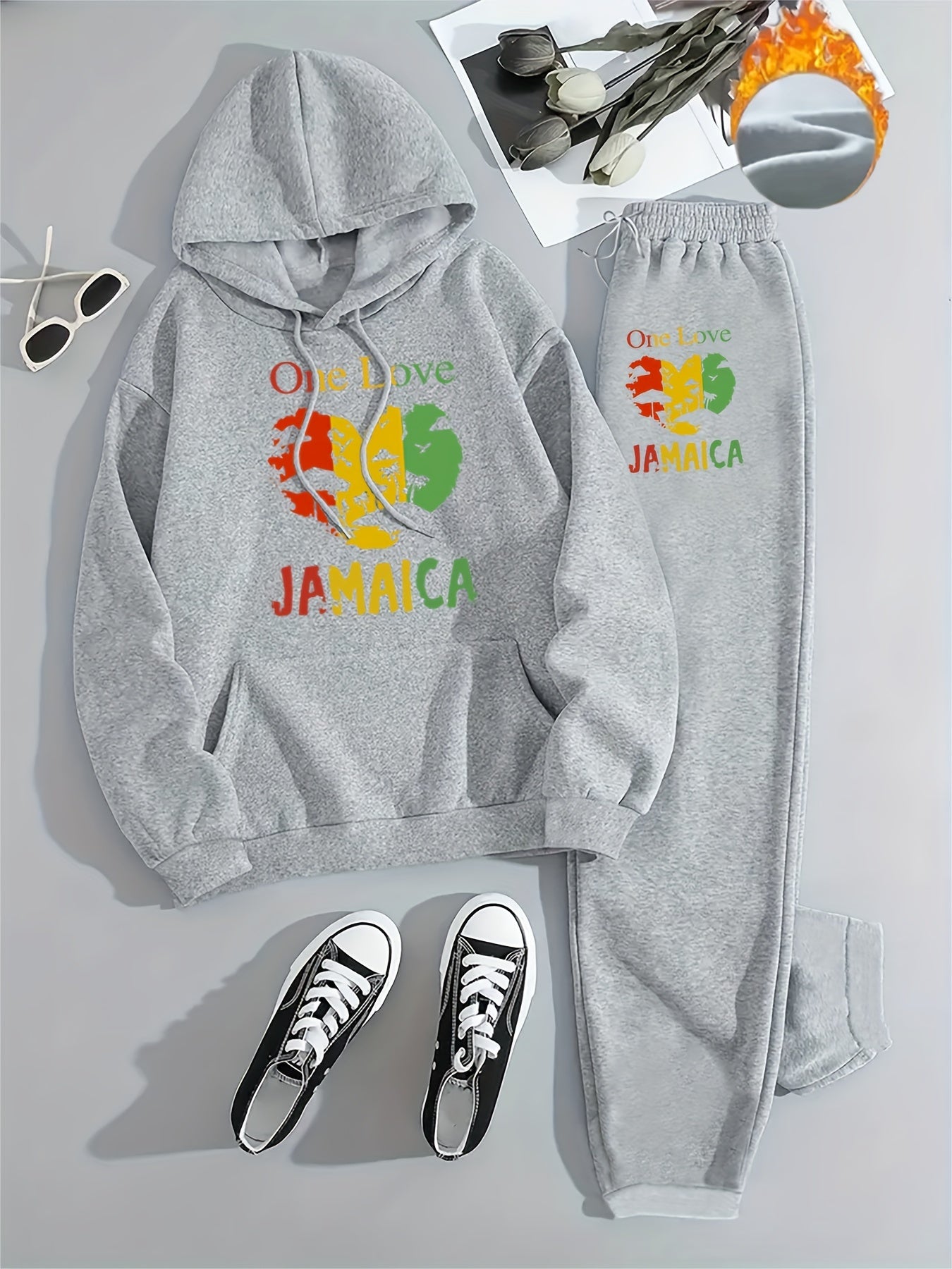 Kuscheliges, mit Fleece gefüttertes Set aus Kapuzenpullover und Jogginghose „Parisian Celebration“ – lässiger Kordelzug, Sweatshirt mit Taschen und Herz-Print + lange Hose für Damen – perfekt für Herbst/Winter
