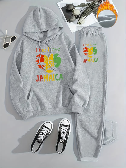 Kuscheliges, mit Fleece gefüttertes Set aus Kapuzenpullover und Jogginghose „Parisian Celebration“ – lässiger Kordelzug, Sweatshirt mit Taschen und Herz-Print + lange Hose für Damen – perfekt für Herbst/Winter