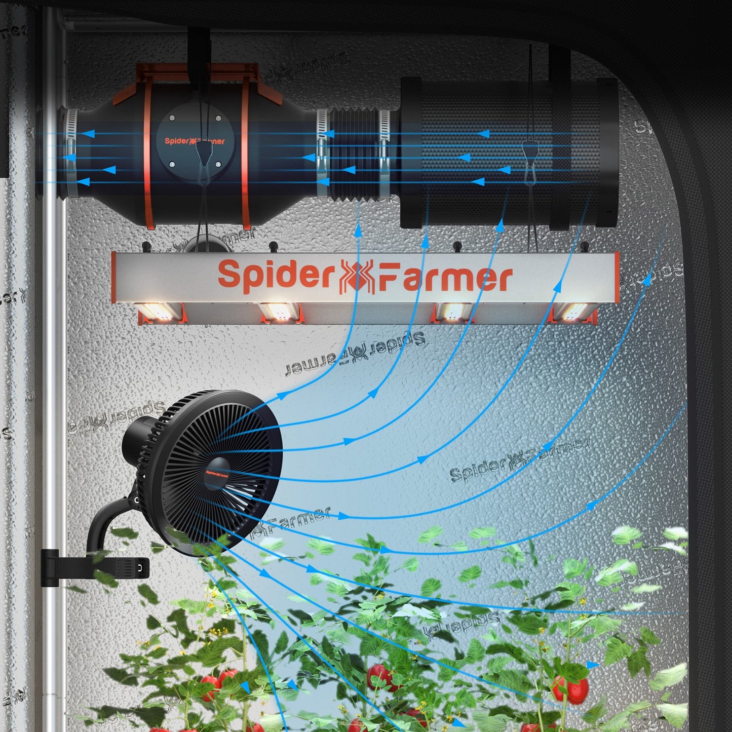 Spider Farmer CP SF2000 LED-Wachstumslicht + 120 x 60 x 180 cm Wachstumszelt-Sets mit intelligentem Kohlefilter für Zimmerpflanzen, Hydrokultur