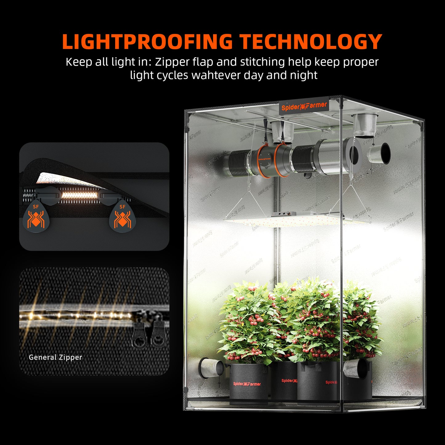 Spider Farmer CP SF2000 LED-Wachstumslicht + 120 x 60 x 180 cm Wachstumszelt-Sets mit intelligentem Kohlefilter für Zimmerpflanzen, Hydrokultur