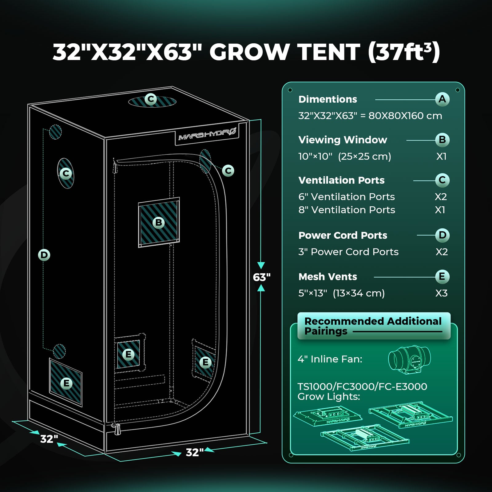 Mars Hydro FC-E1500 Komplettes Growzelt-Set | 150 W LED-Pflanzenlampe + 80 x 80 x 160 cm großes Indoor-Zelt + 4-Zoll-Belüftungssystem | 6-Zoll-Clip-On-Ventilator | Max. Ertrag 2,5 g/Watt
