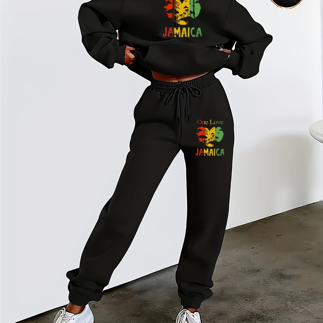 Kuscheliges, mit Fleece gefüttertes Set aus Kapuzenpullover und Jogginghose „Parisian Celebration“ – lässiger Kordelzug, Sweatshirt mit Taschen und Herz-Print + lange Hose für Damen – perfekt für Herbst/Winter