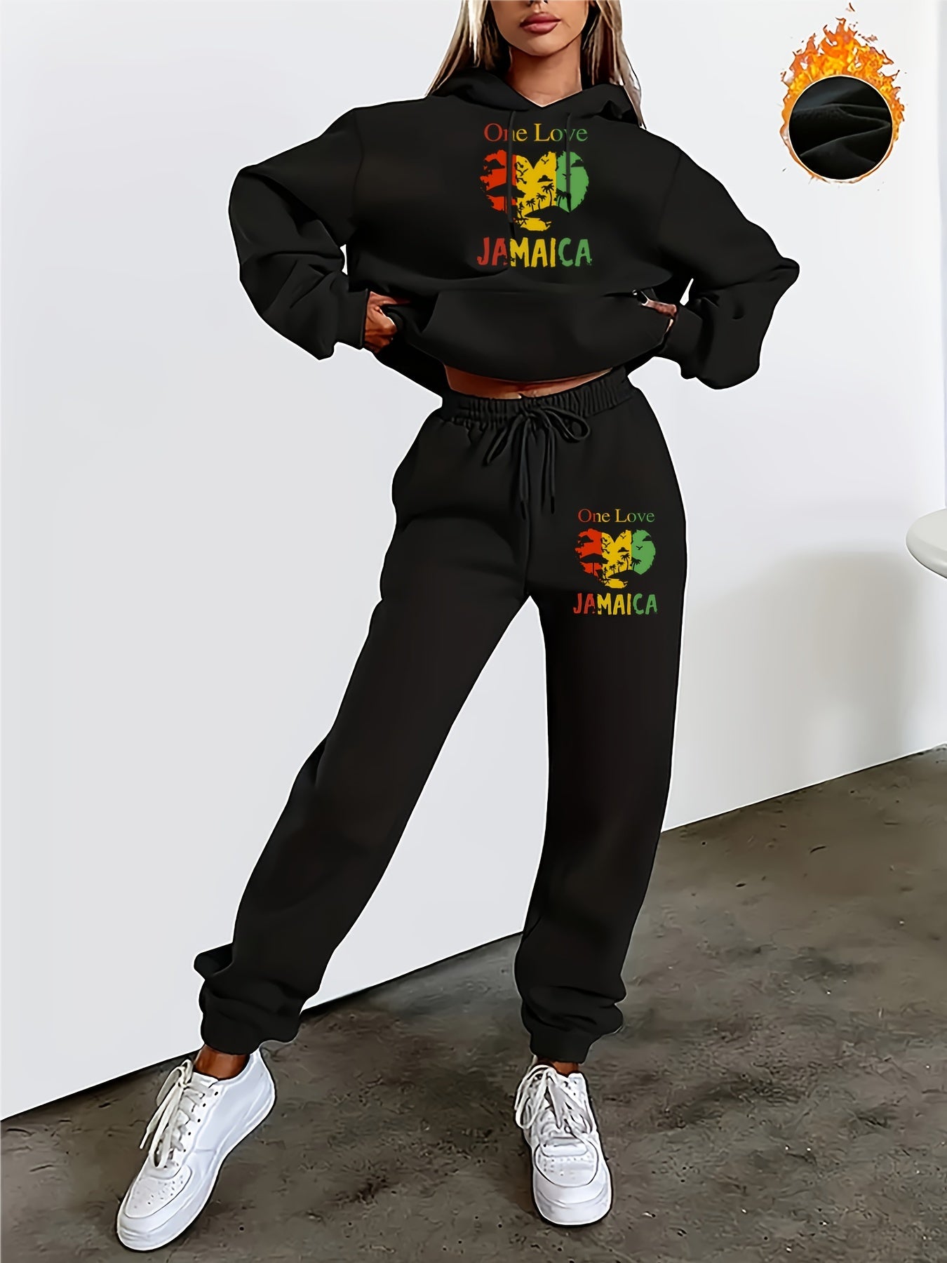Kuscheliges, mit Fleece gefüttertes Set aus Kapuzenpullover und Jogginghose „Parisian Celebration“ – lässiger Kordelzug, Sweatshirt mit Taschen und Herz-Print + lange Hose für Damen – perfekt für Herbst/Winter