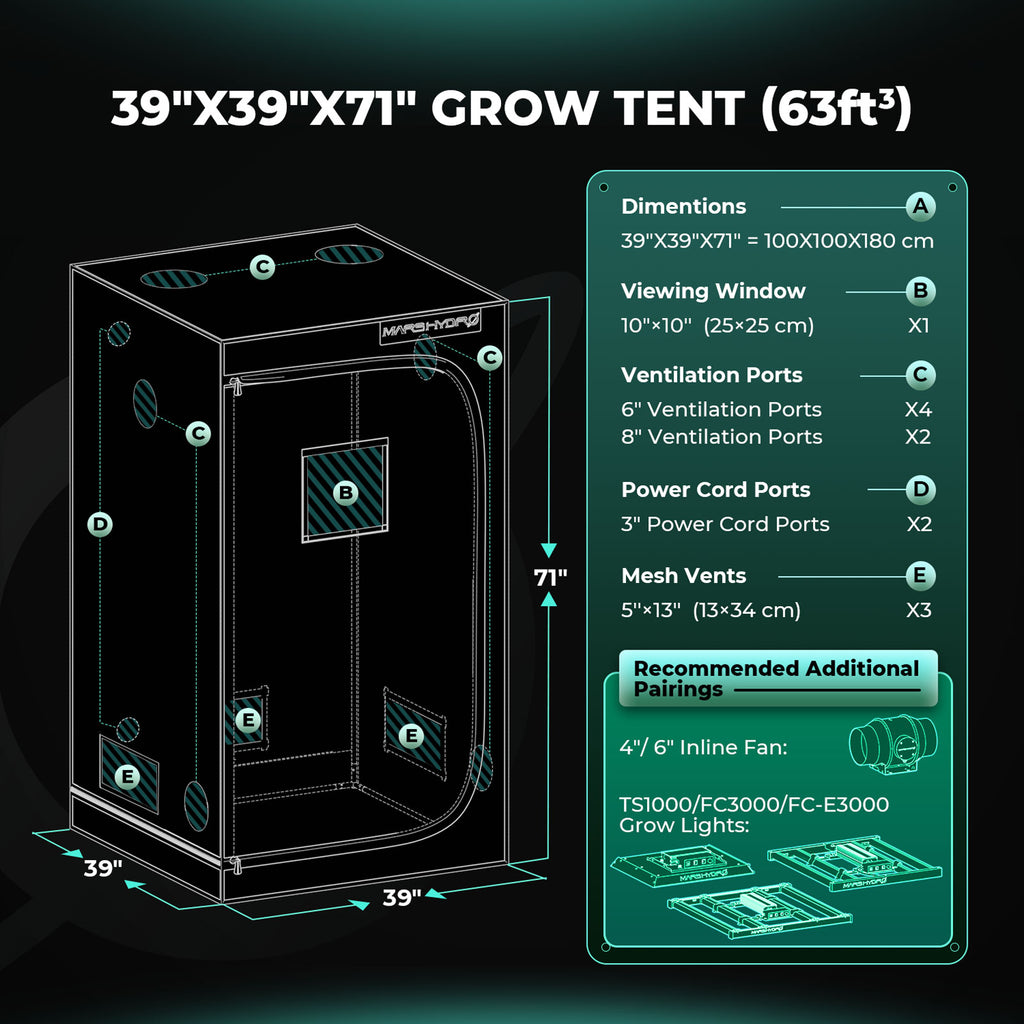 Mars Hydro FC3000-EVO Komplette Growzelt-Kits | Samsung 300W LED-Wachstumslampe + 100x100x180cm Indoor-Zelt + 4″ Belüftungssystem | 6″ Clip-on-Lüfter | Max. Ertrag 3,5g/Watt