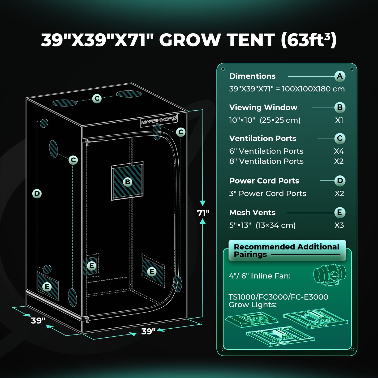Mars Hydro FC3000-EVO Komplette Growzelt-Kits | Samsung 300W LED-Wachstumslampe + 100x100x180cm Indoor-Zelt + 4″ Belüftungssystem | 6″ Clip-on-Lüfter | Max. Ertrag 3,5g/Watt