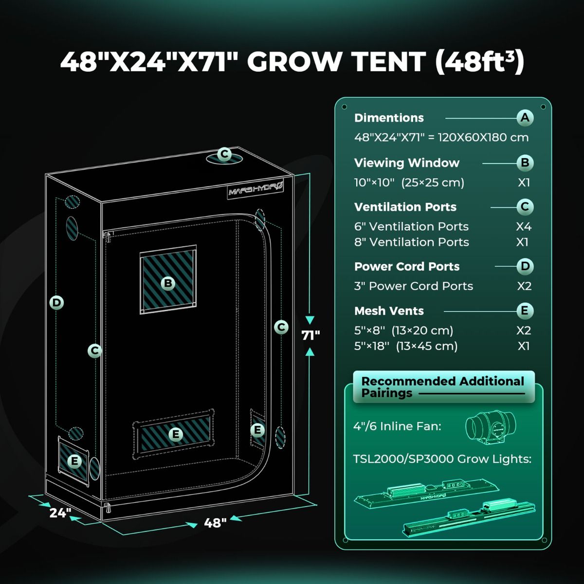 Mars Hydro TSL2000 Komplettes Growzelt-Set | 300 W LED-Pflanzenlampe + 120 x 60 x 180 cm Indoor-Growzelt + 4-Zoll-Belüftungssystem | 6-Zoll-Clip-On-Ventilator