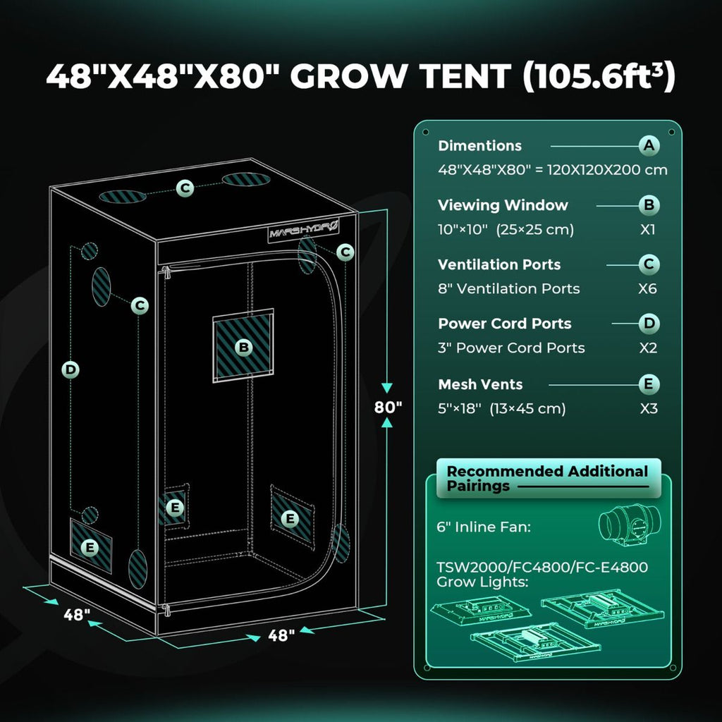 Mars Hydro TSW2000 Komplettes Growzelt-Set | 300 W LED-Pflanzenlampe | 120 x 120 x 200 cm Indoor-Growzelt | 6-Zoll-Belüftungssystem | 6-Zoll-Clip-On-Lüfter