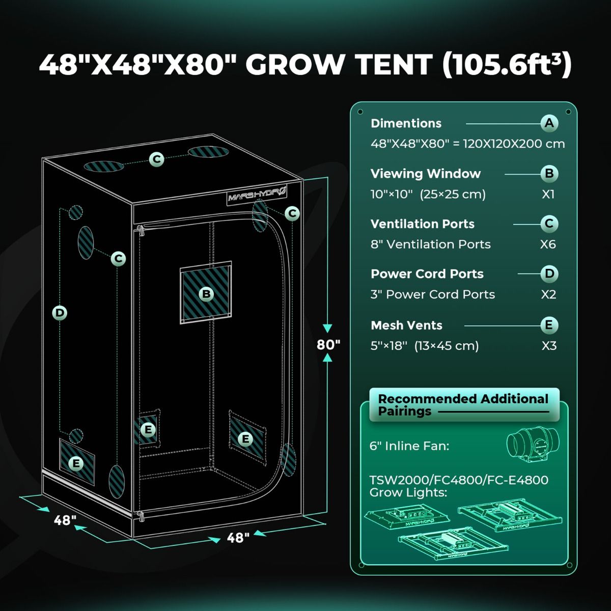 Mars Hydro TSW2000 Komplettes Growzelt-Set | 300 W LED-Pflanzenlampe | 120 x 120 x 200 cm Indoor-Growzelt | 6-Zoll-Belüftungssystem | 6-Zoll-Clip-On-Lüfter