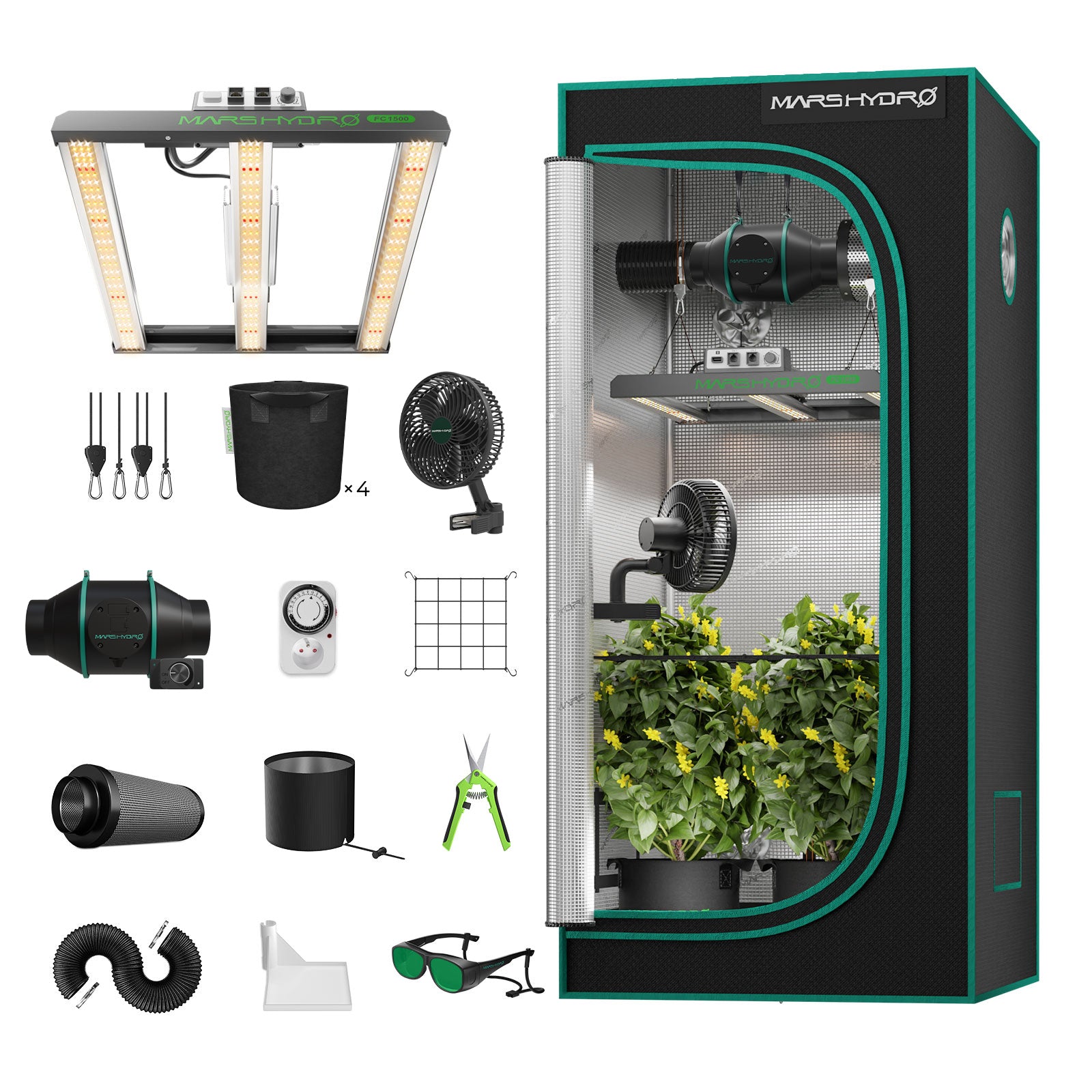 Mars Hydro FC1500-EVO Komplettes Growzelt-Set | Samsung 150W LED-Pflanzenlampe + 80x80x160cm Indoor-Zelt + 4″ Belüftungssystem | 6“ Clip-on-Ventilator