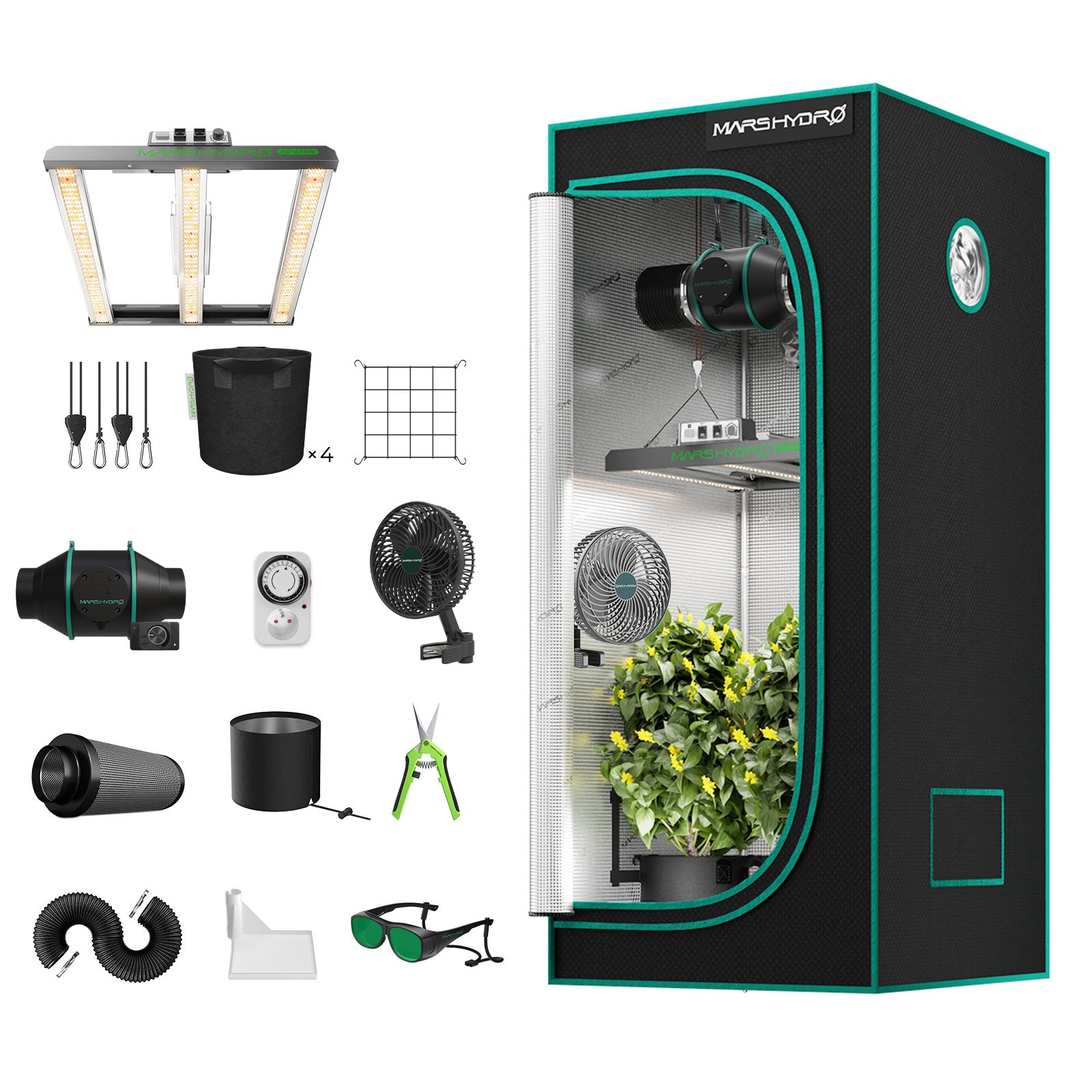 Mars Hydro FC-E1500 Komplettes Growzelt-Set | 150 W LED-Pflanzenlampe + 80 x 80 x 160 cm großes Indoor-Zelt + 4-Zoll-Belüftungssystem | 6-Zoll-Clip-On-Ventilator | Max. Ertrag 2,5 g/Watt
