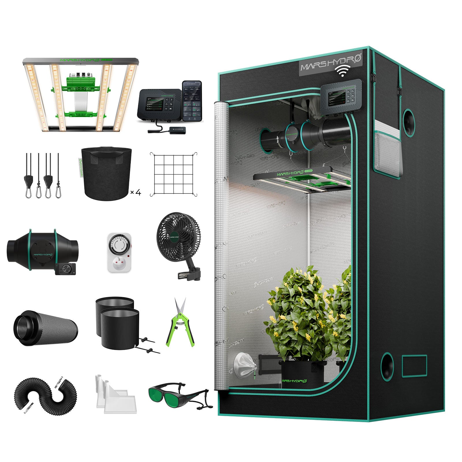 Mars Hydro FC3000-EVO Komplette Growzelt-Kits | Samsung 300W LED-Wachstumslampe + 100x100x180cm Indoor-Zelt + 4″ Belüftungssystem | 6″ Clip-on-Lüfter | Max. Ertrag 3,5g/Watt
