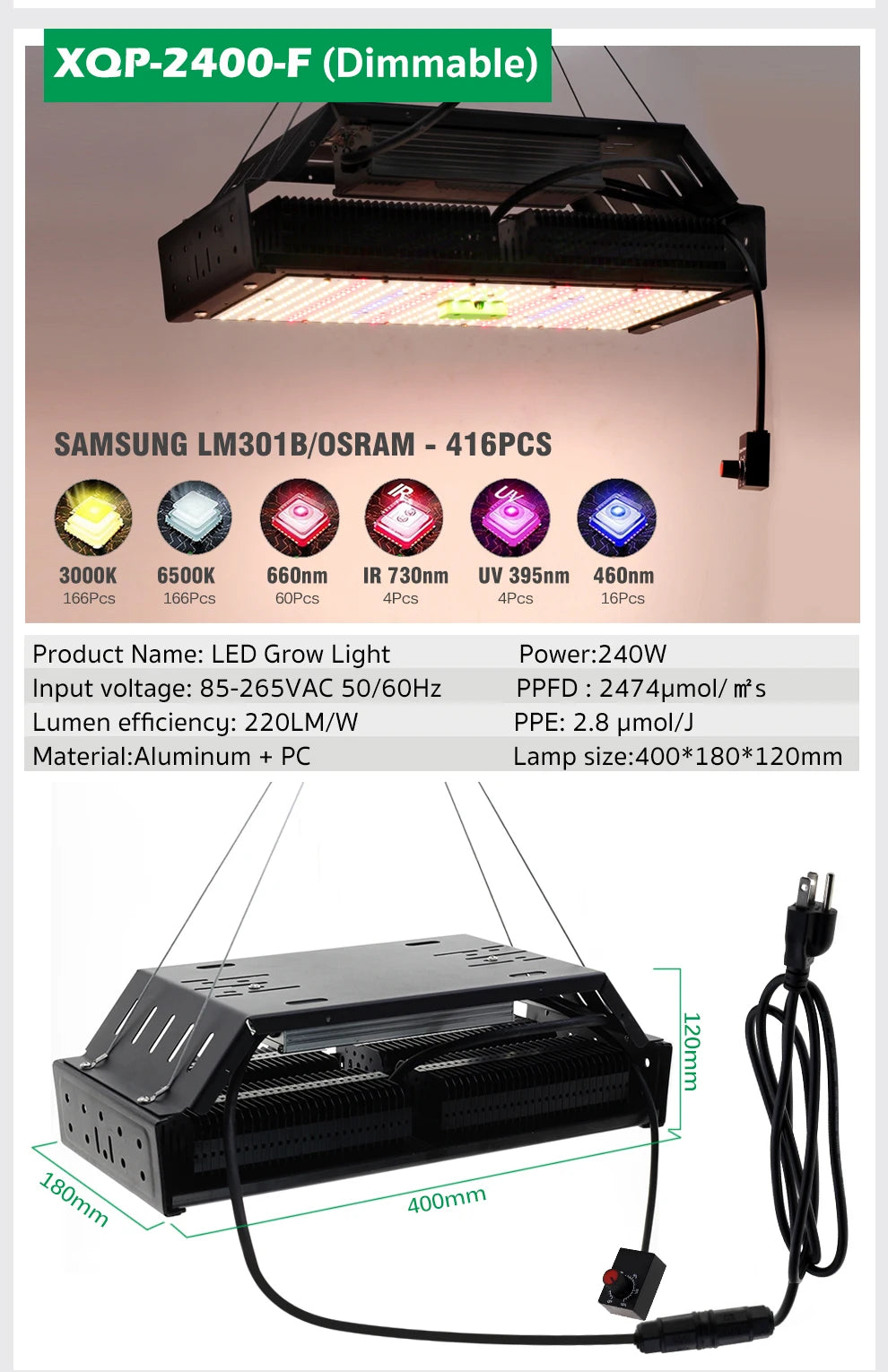Vollspektrum LED Grow Licht AC85-265V Samsung LM301B 312Stk 3000K 6500K dimmbar für Veg & Bloom