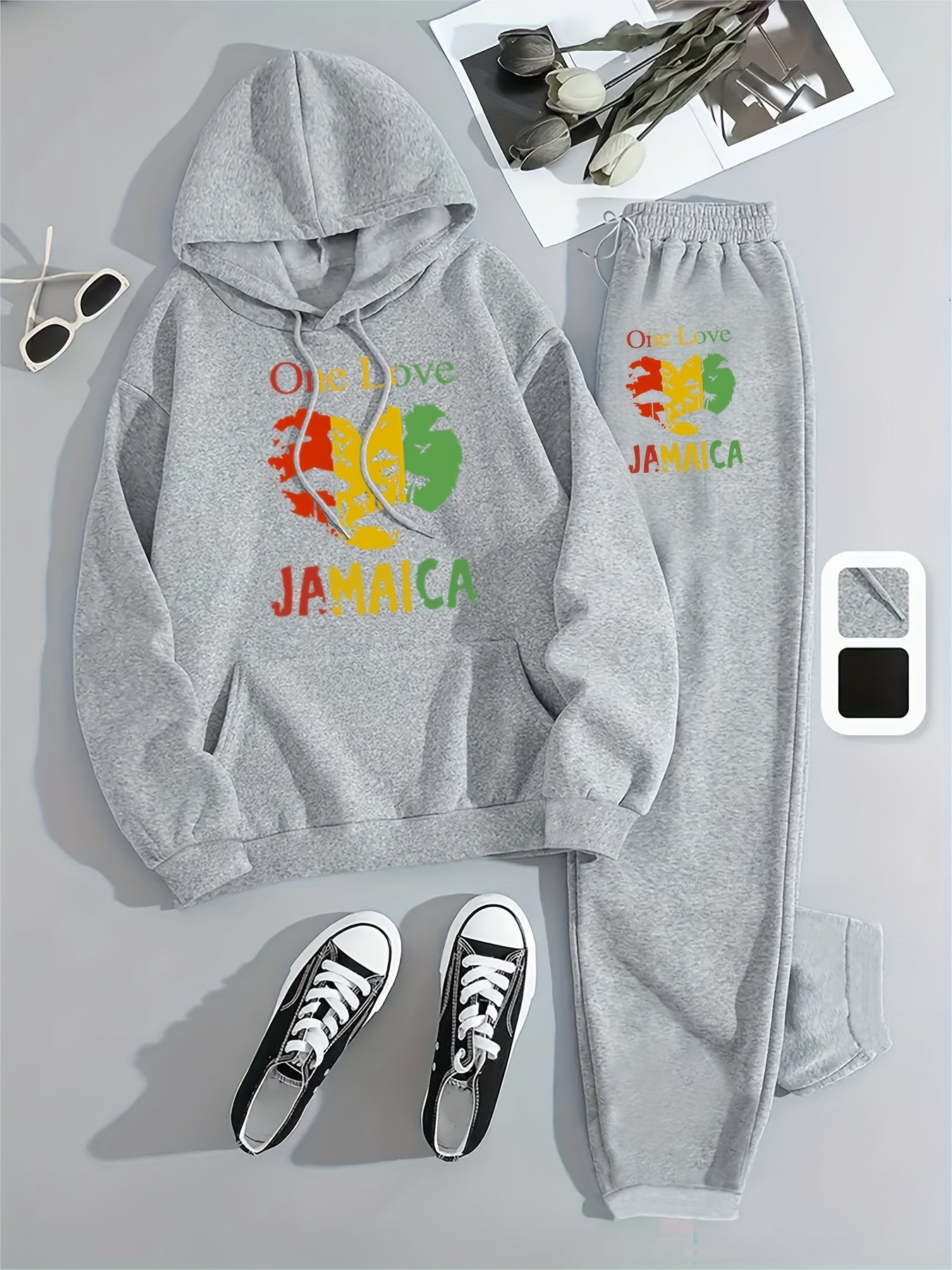 Kuscheliges, mit Fleece gefüttertes Set aus Kapuzenpullover und Jogginghose „Parisian Celebration“ – lässiger Kordelzug, Sweatshirt mit Taschen und Herz-Print + lange Hose für Damen – perfekt für Herbst/Winter