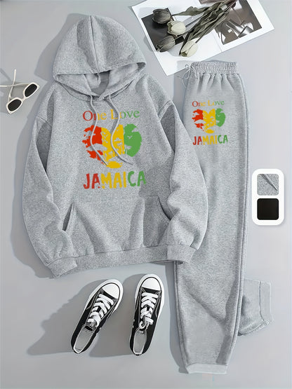Kuscheliges, mit Fleece gefüttertes Set aus Kapuzenpullover und Jogginghose „Parisian Celebration“ – lässiger Kordelzug, Sweatshirt mit Taschen und Herz-Print + lange Hose für Damen – perfekt für Herbst/Winter