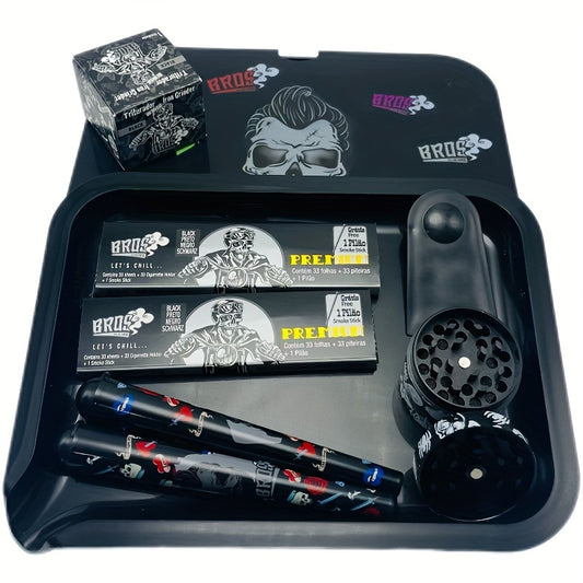 Bros 7-teiliges Raucherset: Hochwertiger Kräuter-Grinder aus Metall, doppellagiges Rolltablett, Zigarettenpapier und mehr
