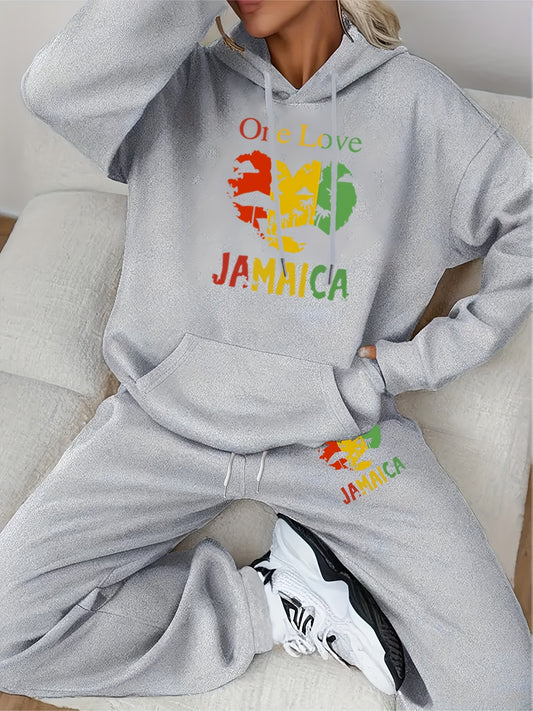 Kuscheliges, mit Fleece gefüttertes Set aus Kapuzenpullover und Jogginghose „Parisian Celebration“ – lässiger Kordelzug, Sweatshirt mit Taschen und Herz-Print + lange Hose für Damen – perfekt für Herbst/Winter