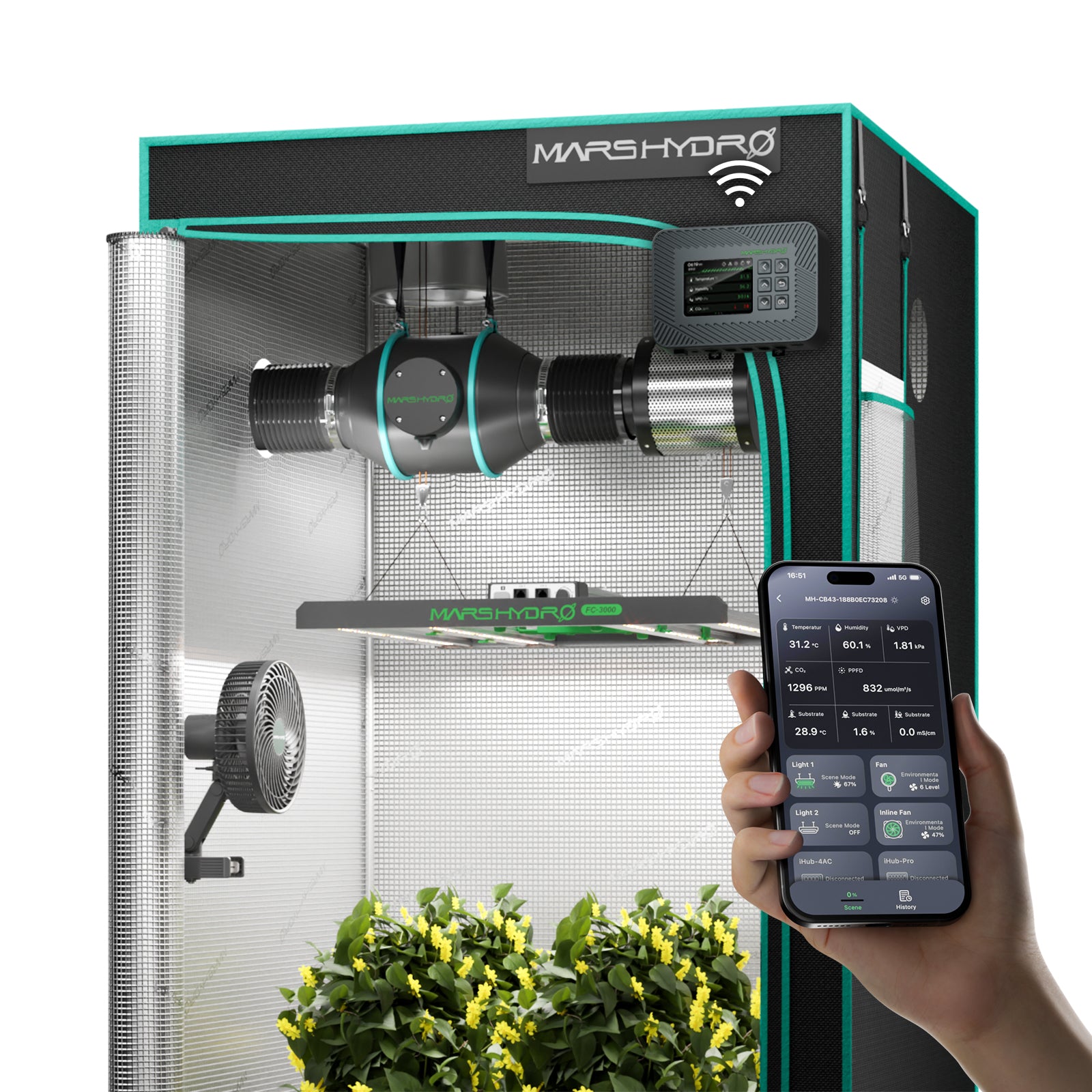 Mars Hydro FC3000-EVO Komplette Growzelt-Kits | Samsung 300W LED-Wachstumslampe + 100x100x180cm Indoor-Zelt + 4″ Belüftungssystem | 6″ Clip-on-Lüfter | Max. Ertrag 3,5g/Watt