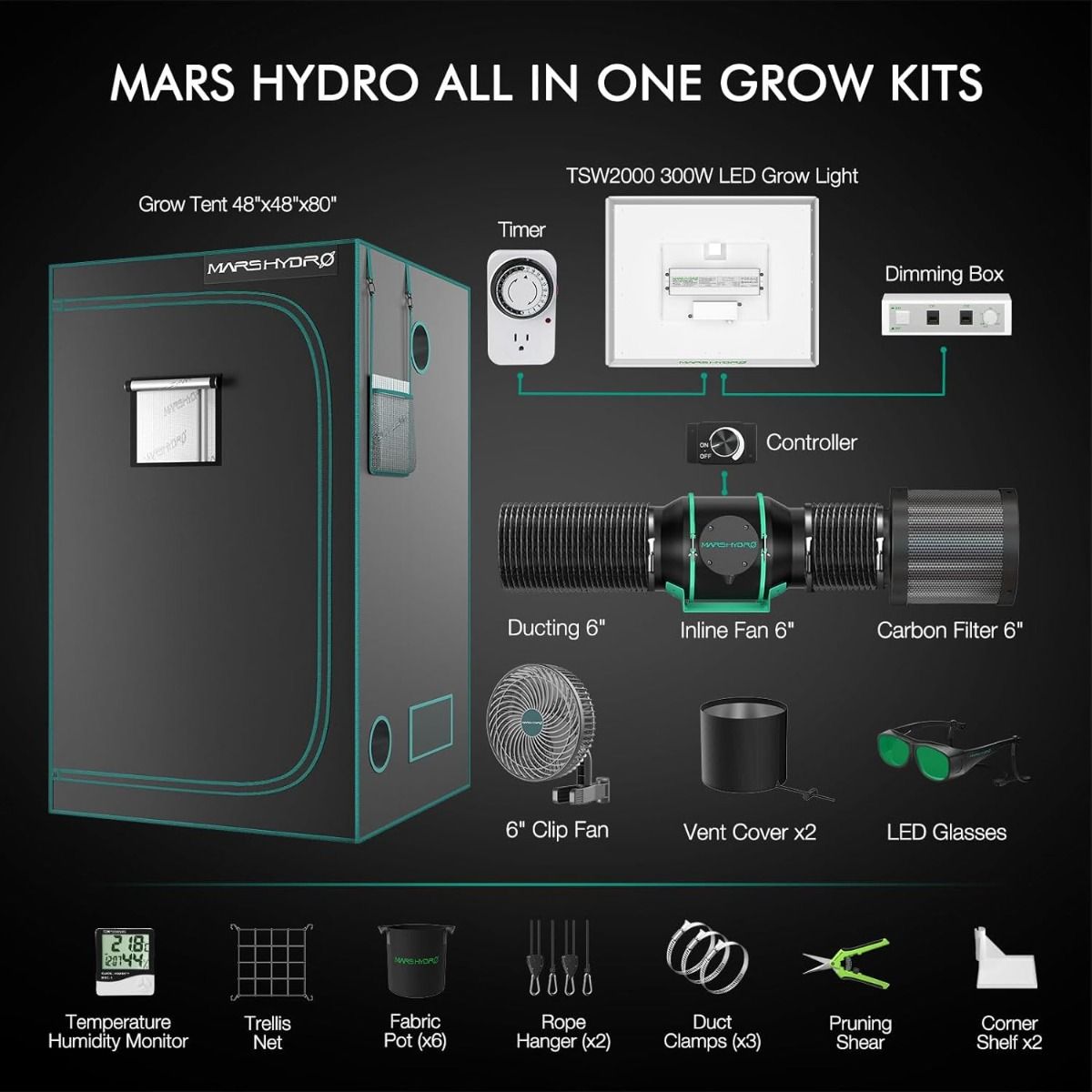 Mars Hydro TSW2000 Komplettes Growzelt-Set | 300 W LED-Pflanzenlampe | 120 x 120 x 200 cm Indoor-Growzelt | 6-Zoll-Belüftungssystem | 6-Zoll-Clip-On-Lüfter