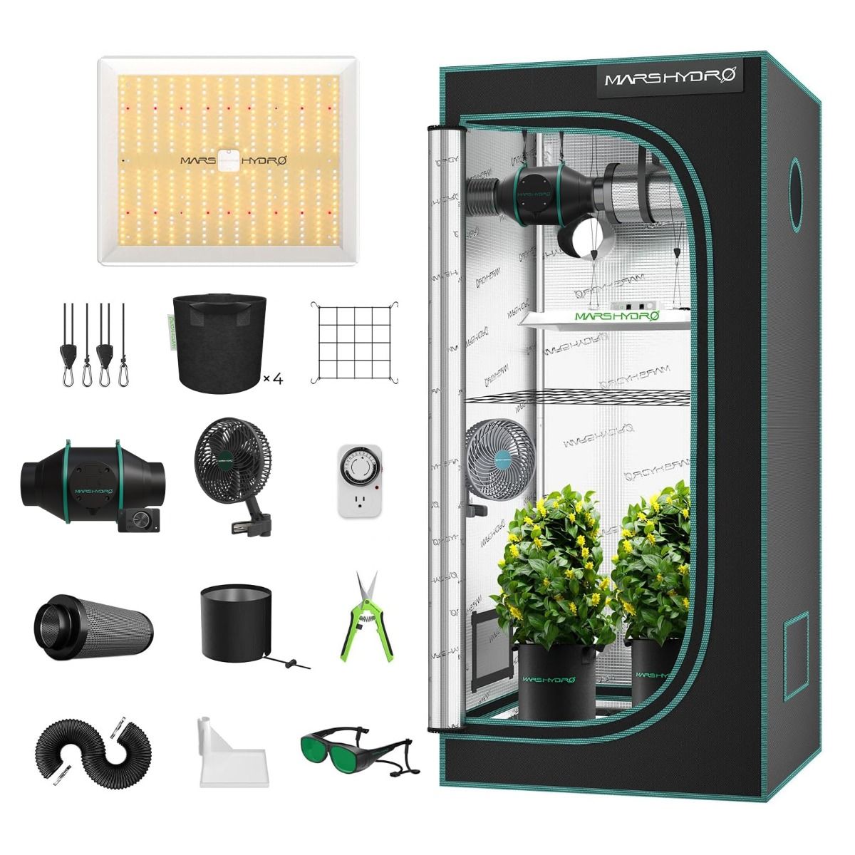 Mars Hydro TS 1000 Komplettes Growzelt-set | Dimmbare 150-W-LED-Wachstumslampe | 80 x 80 x 160 cm großes Indoor-Zelt | 4-Zoll-Belüftungssystem | 6-Zoll-Clip-On-Ventilator