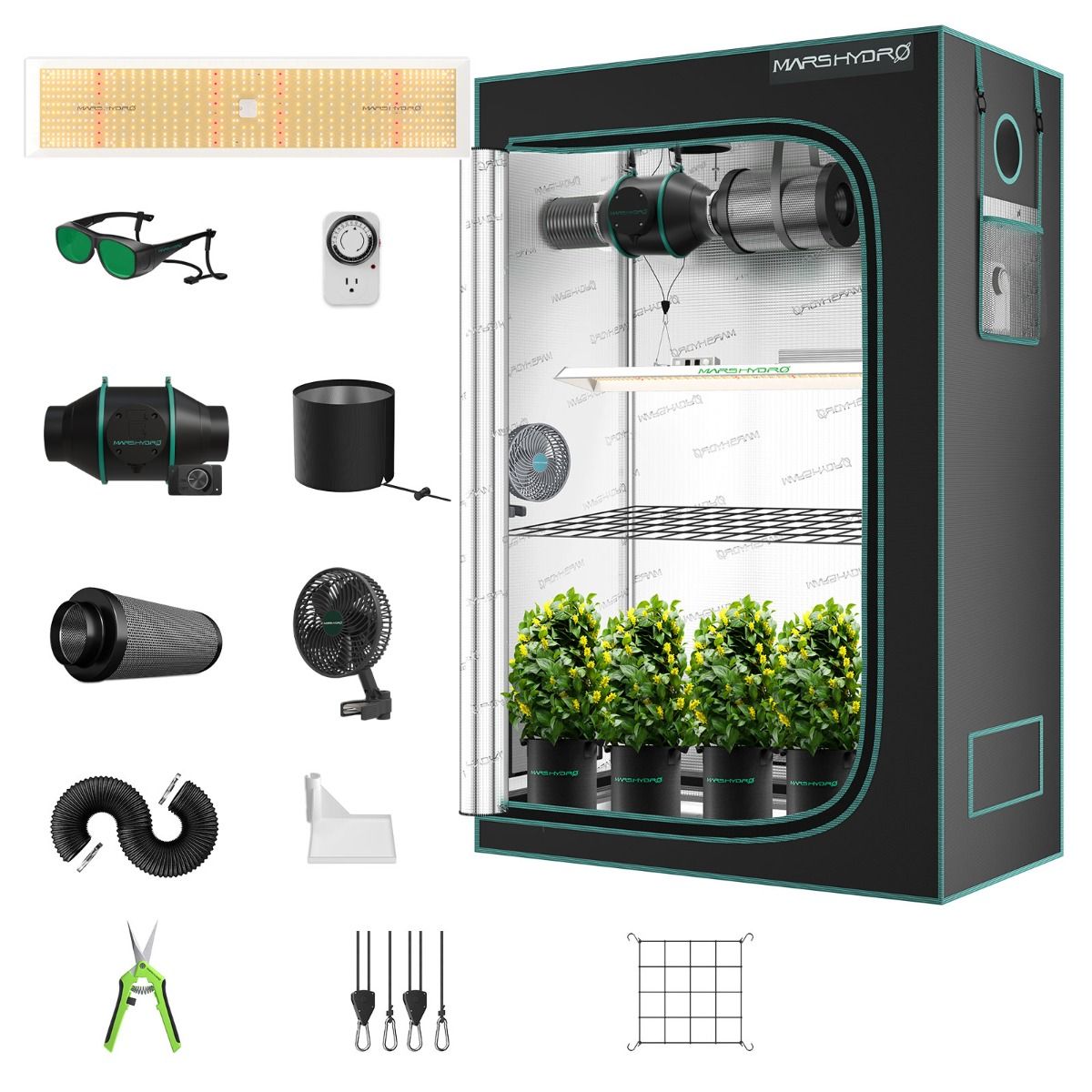Mars Hydro TSL2000 Komplettes Growzelt-Set | 300 W LED-Pflanzenlampe + 120 x 60 x 180 cm Indoor-Growzelt + 4-Zoll-Belüftungssystem | 6-Zoll-Clip-On-Ventilator