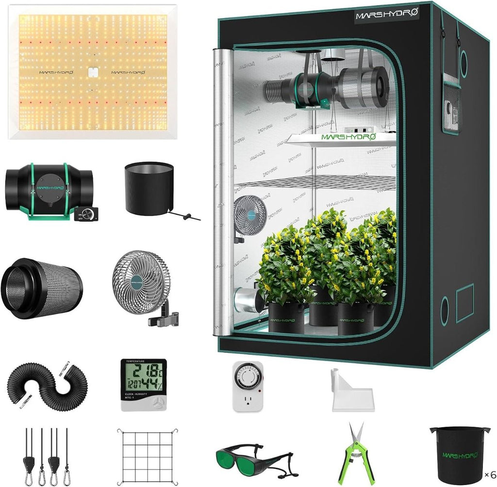Mars Hydro TSW2000 Komplettes Growzelt-Set | 300 W LED-Pflanzenlampe | 120 x 120 x 200 cm Indoor-Growzelt | 6-Zoll-Belüftungssystem | 6-Zoll-Clip-On-Lüfter
