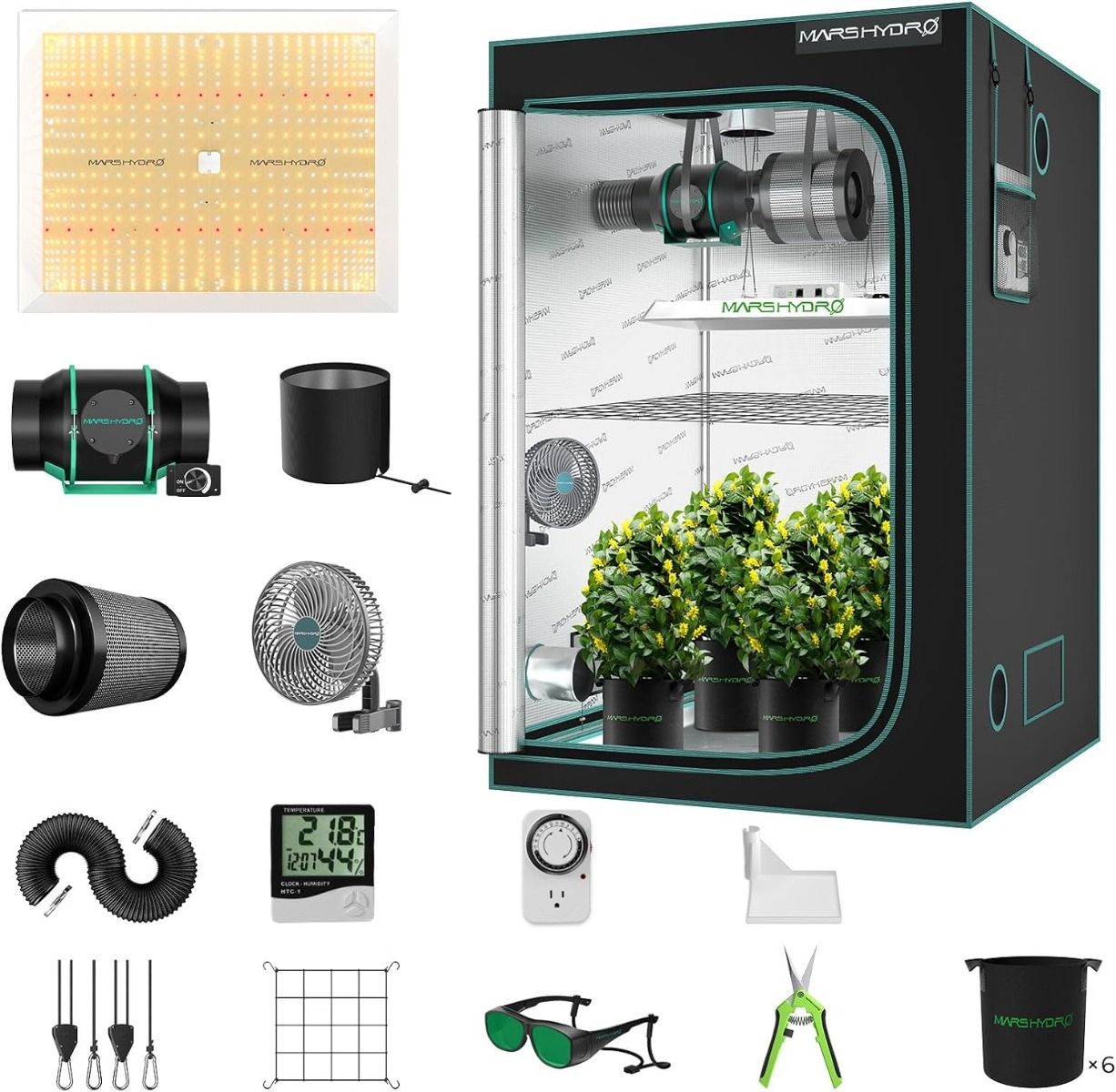 Mars Hydro TSW2000 Komplettes Growzelt-Set | 300 W LED-Pflanzenlampe | 120 x 120 x 200 cm Indoor-Growzelt | 6-Zoll-Belüftungssystem | 6-Zoll-Clip-On-Lüfter