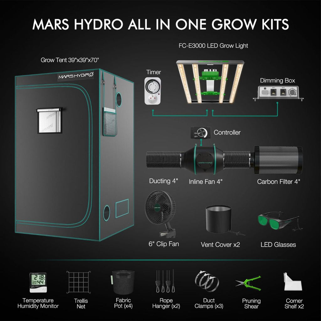 Mars Hydro FC-E3000 Komplettes Growzelt-Set | 300 W LED-Pflanzenlampe + 100 x 100 x 180 cm Indoor-Zelt + 4-Zoll-Belüftungssystem | 6-Zoll-Clip-On-Ventilator | für 2-4 Pflanzen