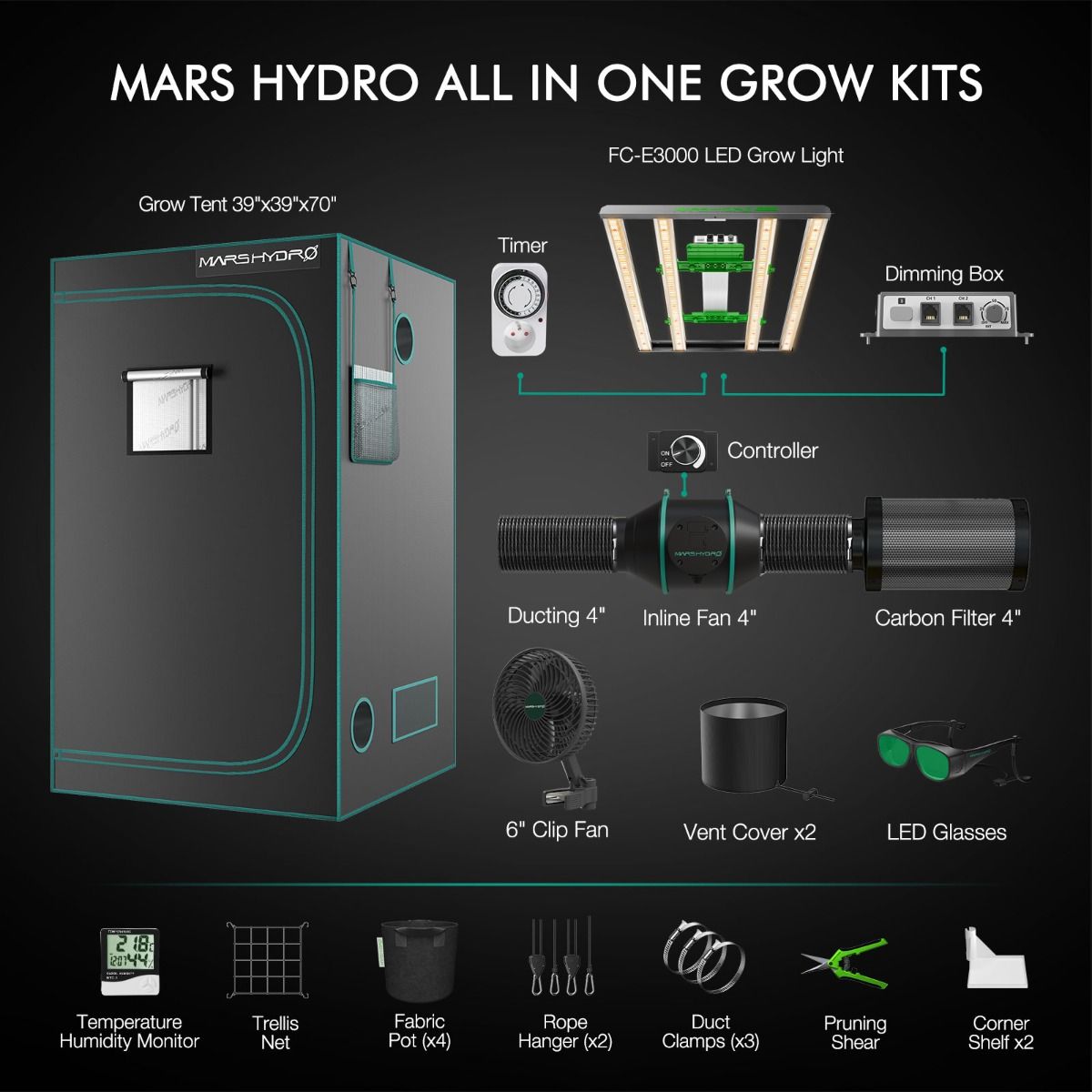 Mars Hydro FC-E3000 Komplettes Growzelt-Set | 300 W LED-Pflanzenlampe + 100 x 100 x 180 cm Indoor-Zelt + 4-Zoll-Belüftungssystem | 6-Zoll-Clip-On-Ventilator | für 2-4 Pflanzen