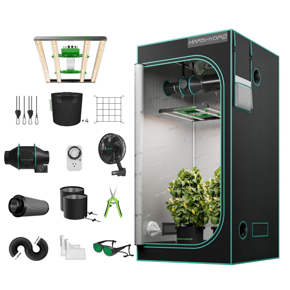 Mars Hydro FC-E3000 Komplettes Growzelt-Set | 300 W LED-Pflanzenlampe + 100 x 100 x 180 cm Indoor-Zelt + 4-Zoll-Belüftungssystem | 6-Zoll-Clip-On-Ventilator | für 2-4 Pflanzen