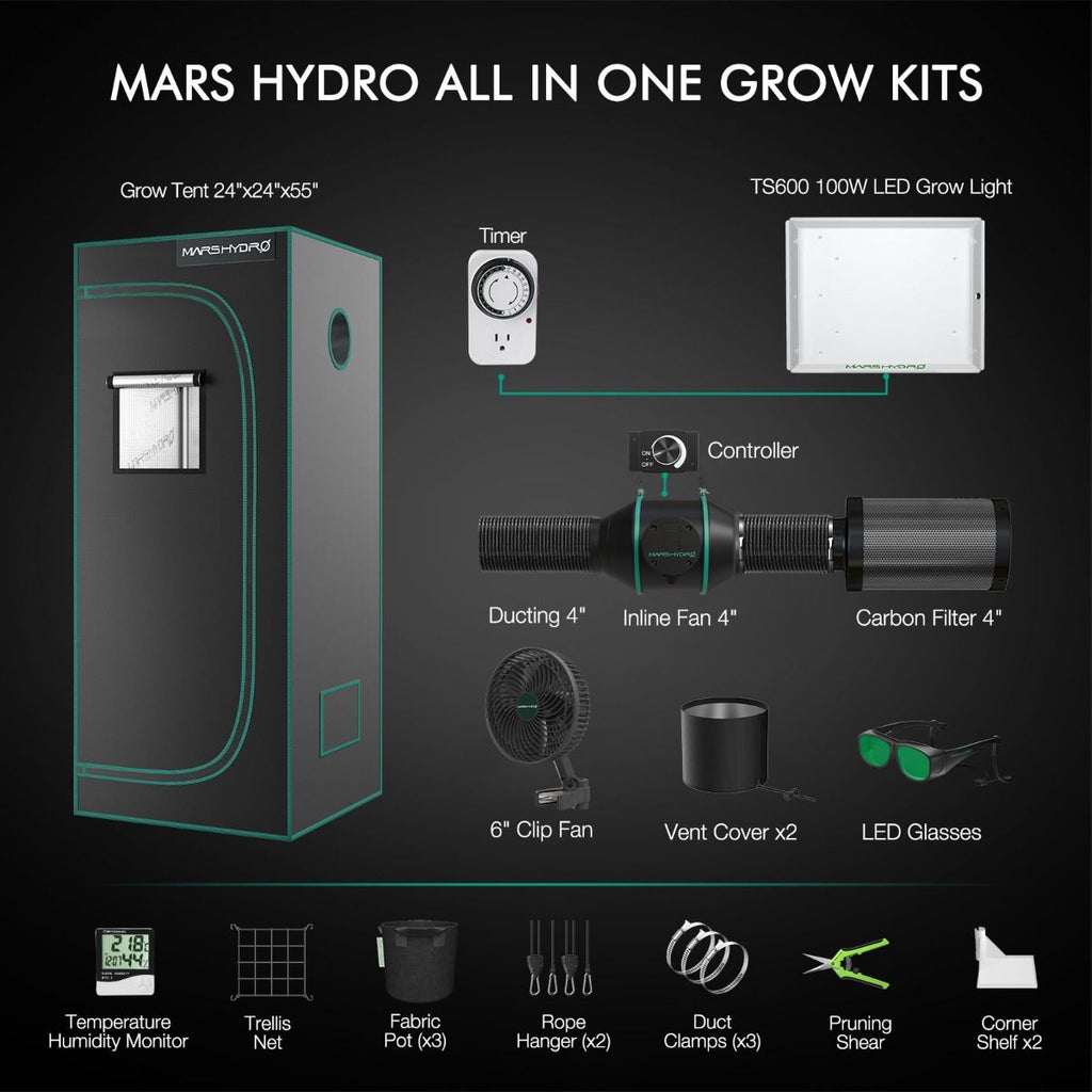 [Anfängerwahl] Mars Hydro TS 600 Komplettes Growzelt-Set | 100 W LED-Wachstumslicht | 60 x 60 x 140 cm Indoor-Growzelt | 4-Zoll-Belüftungssystem | 6-Zoll-Clip-On-Lüfter