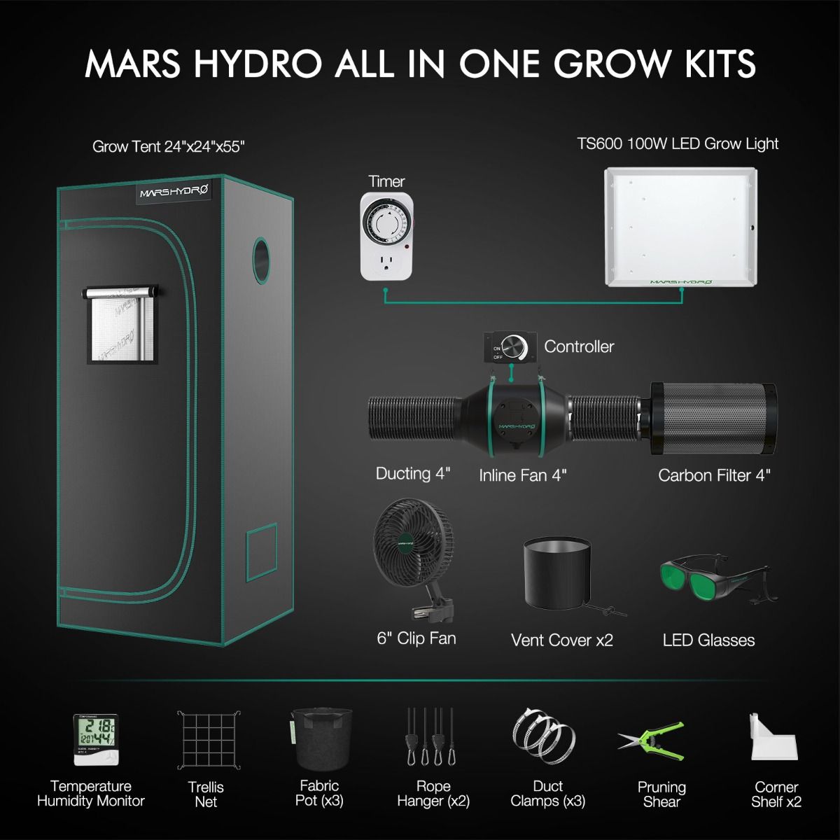 [Anfängerwahl] Mars Hydro TS 600 Komplettes Growzelt-Set | 100 W LED-Wachstumslicht | 60 x 60 x 140 cm Indoor-Growzelt | 4-Zoll-Belüftungssystem | 6-Zoll-Clip-On-Lüfter