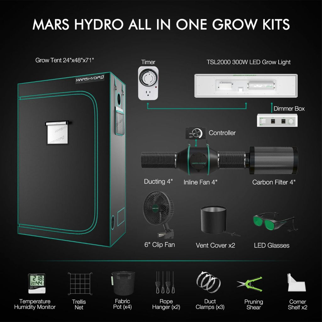 Mars Hydro TSL2000 Komplettes Growzelt-Set | 300 W LED-Pflanzenlampe + 120 x 60 x 180 cm Indoor-Growzelt + 4-Zoll-Belüftungssystem | 6-Zoll-Clip-On-Ventilator