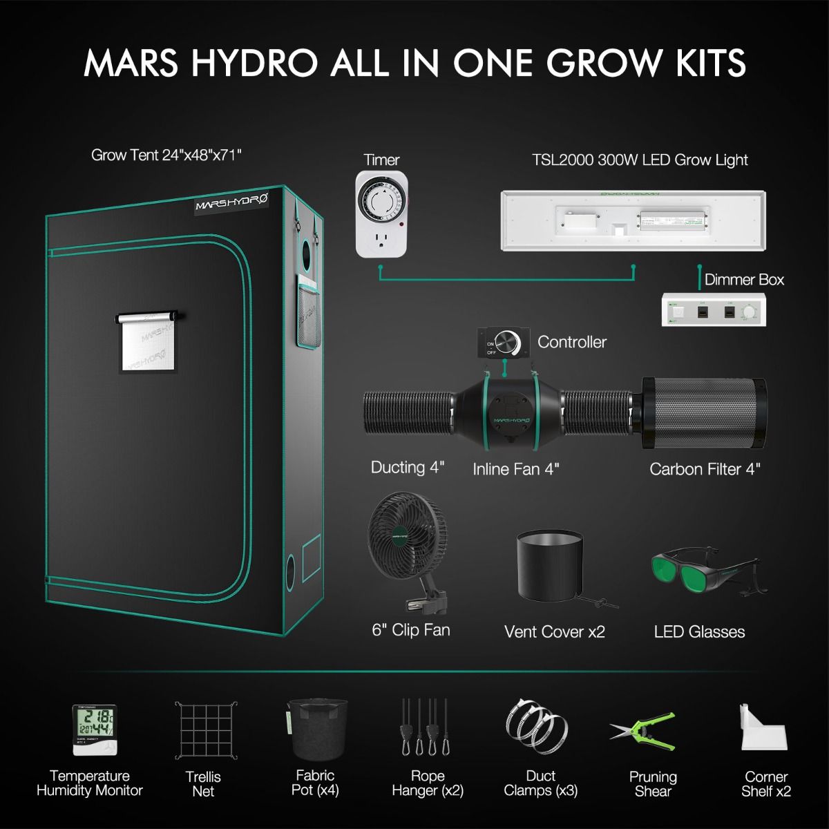 Mars Hydro TSL2000 Komplettes Growzelt-Set | 300 W LED-Pflanzenlampe + 120 x 60 x 180 cm Indoor-Growzelt + 4-Zoll-Belüftungssystem | 6-Zoll-Clip-On-Ventilator
